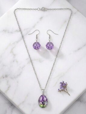 Purple Tree Pendant Necklace and Matching Earrings Set - Women Jewelry